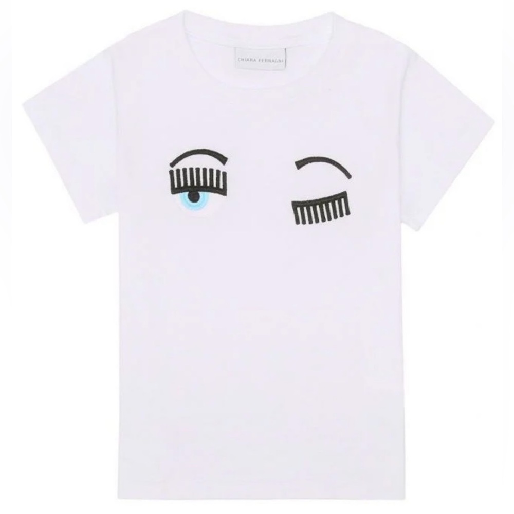 Chiara Ferragni Flirting Eyes sequin eye eyelashes tee shirt black white‎ blue S